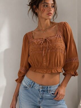 American Eagle Outfitters puff-sleeve Rust Crochet-Trim Peasant  blouse M
